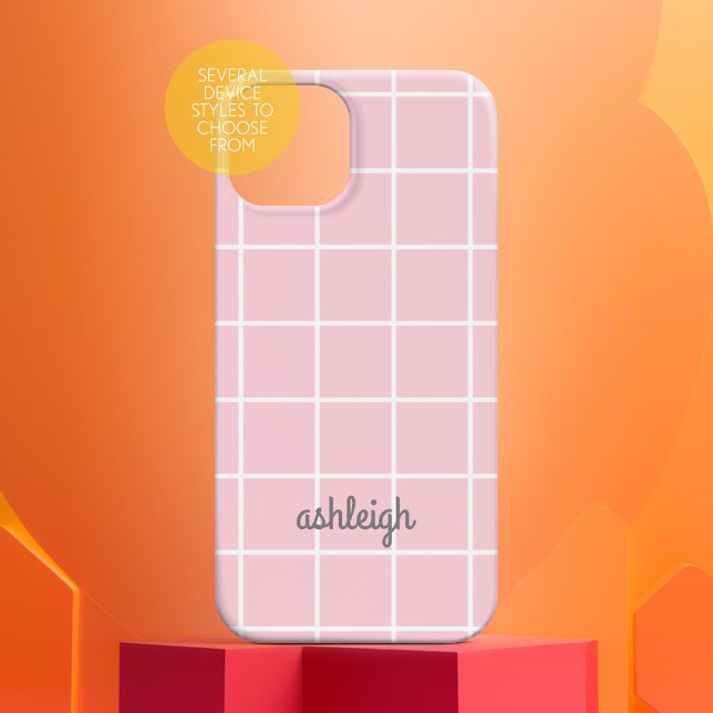 Retro Soft Pink White Plaid White Monogram Case-Mate iPhone Case (Simple preppy personalized phone case)