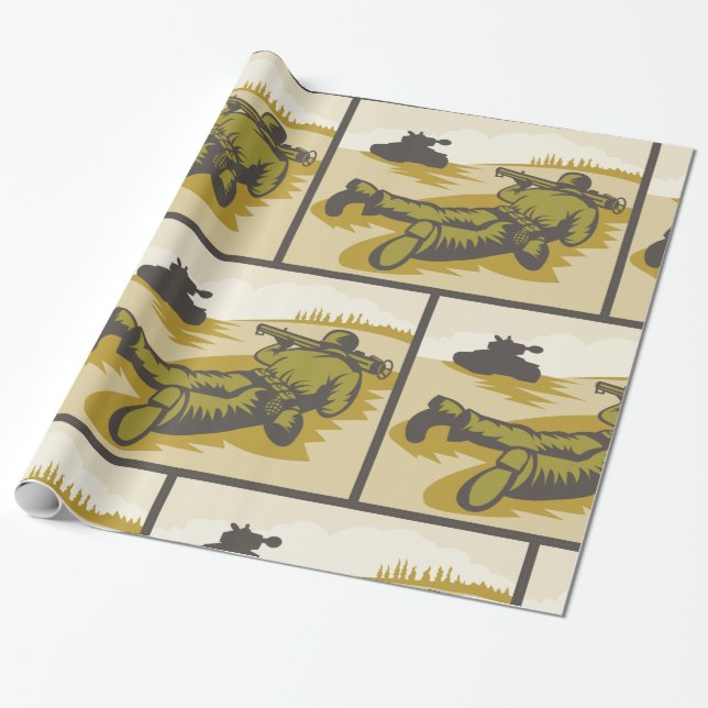 Retro Soldier And Tank Wrapping Paper (Unrolled)