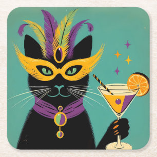 Retro Sophisticats Its Time to Mardi Gras Martini Square Paper Coaster