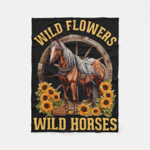 Retro Southern Wild Flowers Wild Horses1  Fleece Blanket