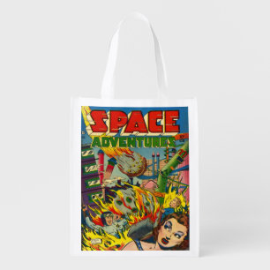 RETRO SPACE ADVENTURES SCI FI COMICS REUSABLE GROCERY BAG