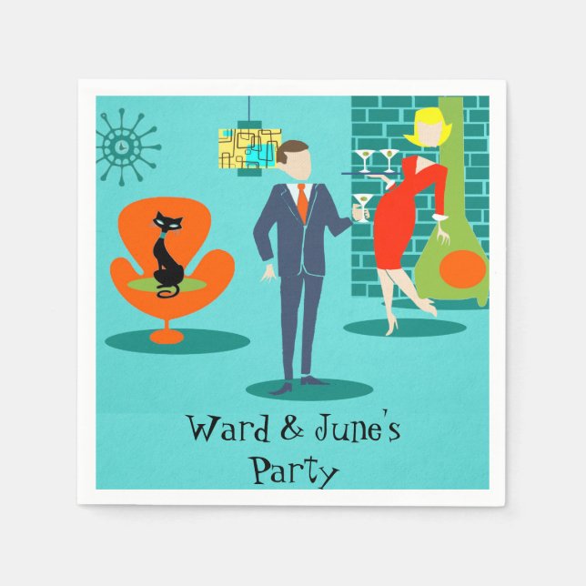 Retro Space Age Cartoon Couple Cocktail Napkins (Front)