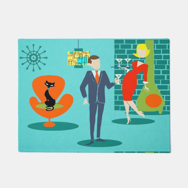 Retro Space Age Cartoon Couple Door Mat (Front)