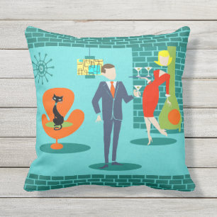 Retro Space Age Cartoon Couple Outdoor Pillow