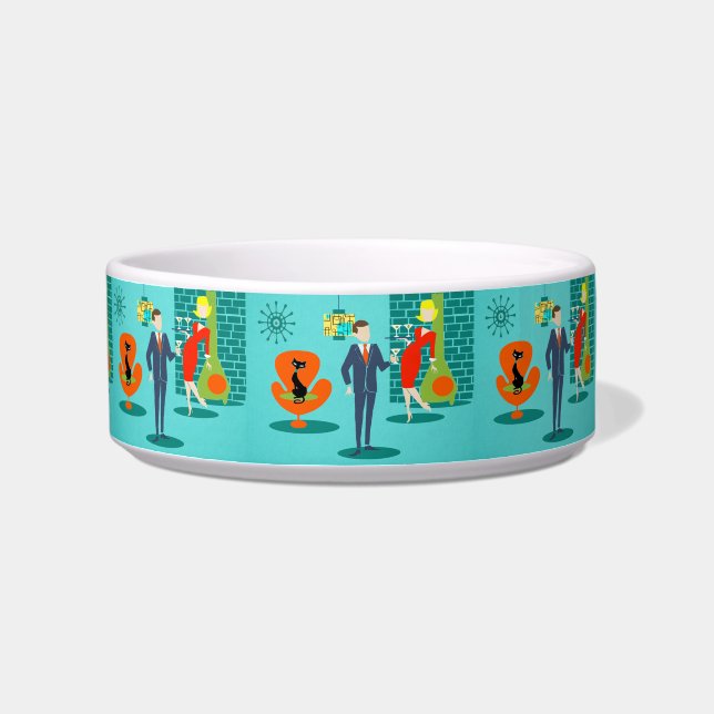 Retro Space Age Cartoon Couple Pet Bowl (Left)