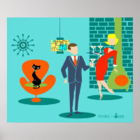 Retro Space Age Cartoon Couple Poster