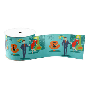 Retro Space Age Cartoon Couple Ribbon Grosgrain Ribbon