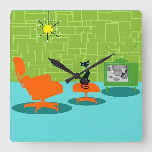 Retro Space Age Kitty Acrylic Wall Clock (Front)