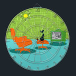 Retro Space Age Kitty Dart Board<br><div class="desc">It is said that dogs have owners and cats have staff. The feline on this Retro Space Age Kitty Dart Board couldn't agree more! The 1960's style, minimalist art design features a sleek, black cat in a mid century modern living room. The sophisticated room prominently features a green, stone wall....</div>