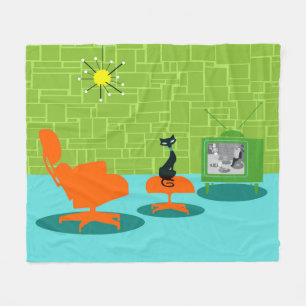 Retro Space Age Kitty Fleece Blanket