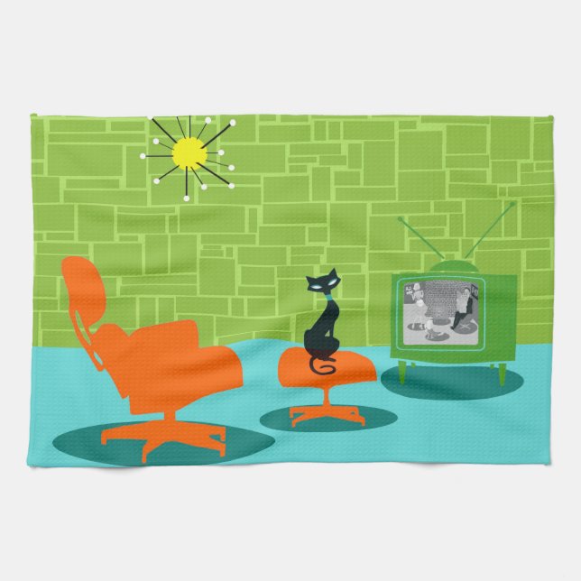 Retro Space Age Kitty Kitchen Towel (Horizontal)