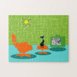 Retro Space Age Kitty Puzzle<br><div class="desc">It is said that dogs have owners and cats have staff. The feline on this Retro Space Age Kitty Puzzle couldn't agree more! The 1960's style, minimalist art design features a sleek, black cat in a mid century modern living room. The sophisticated room prominently features a green, stone wall. The...</div>