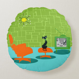 Retro Space Age Kitty Round Pillow
