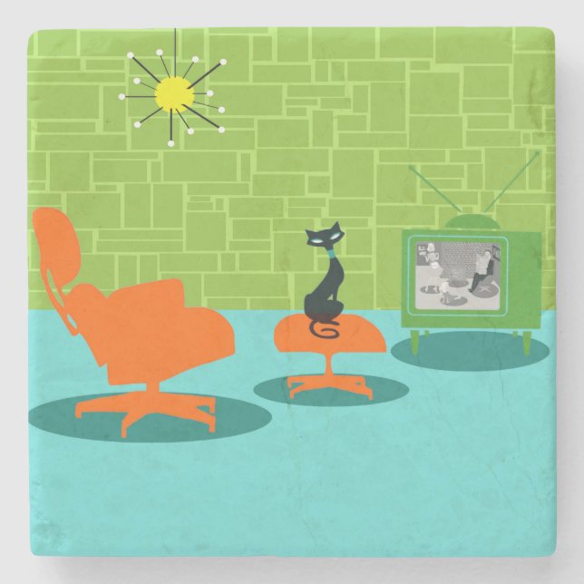 Retro Space Age Kitty Stone Coaster (Front)