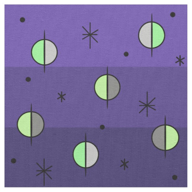 Retro Space Age Planets Stars Indigo Fabric (Close Up)