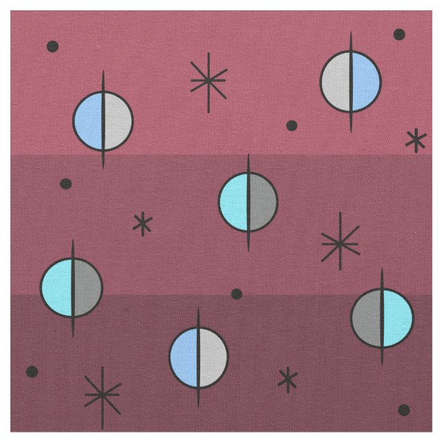 Retro Space Age Planets Stars Maroon Fabric (Close Up)