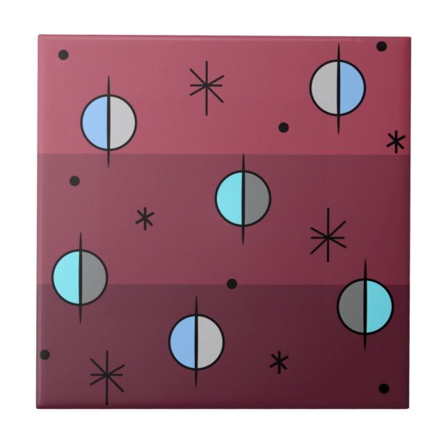 Retro Space Age Planets Stars Maroon Tile (Front)