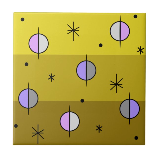 Retro Space Age Planets Stars Ochre Yellow Tile (Front)