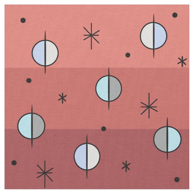 Retro Space Age Planets Stars Salmon Pink Fabric (Close Up)