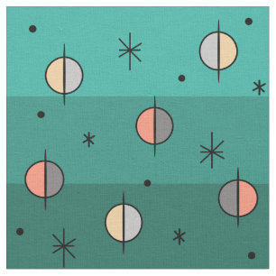 Retro Space Age Planets Stars Turquoise Fabric
