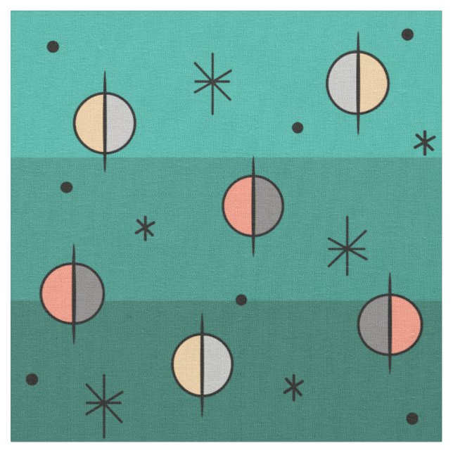 Retro Space Age Planets Stars Turquoise Fabric (Close Up)