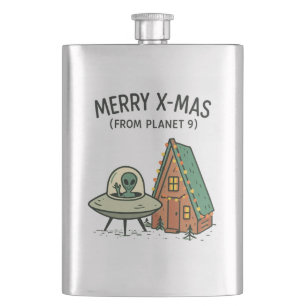 Retro Space Alien Christmas UFO Holiday Cabin Art Hip Flask
