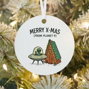 Retro Space Alien Christmas UFO Holiday Cabin Art Metal Tree Decoration