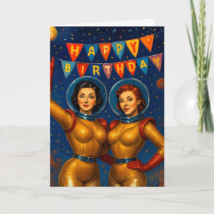 Retro Space Babes Birthday Vintage Pin-Up Card