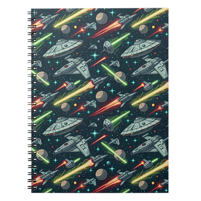 Retro Space Battle Sci-Fi Spaceship Comic Pattern Notebook (Front)