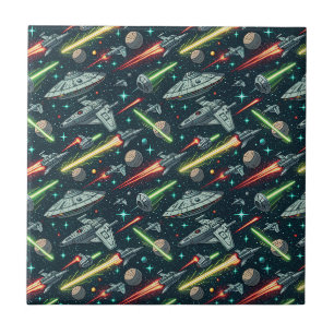 Retro Space Battle Sci-Fi Spaceship Comic Pattern Tile