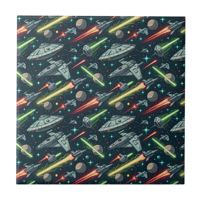 Retro Space Battle Sci-Fi Spaceship Comic Pattern Tile (Front)