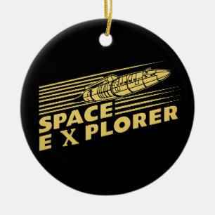 Retro Space Explorer Rocket Graphic Ceramic Tree Decoration