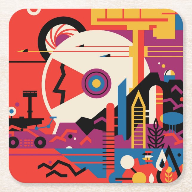 Retro Space Poster - Mars Exploration Program. Square Paper Coaster (Front)