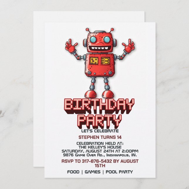 Retro Space Robot Birthday Party Invitations (Front/Back)