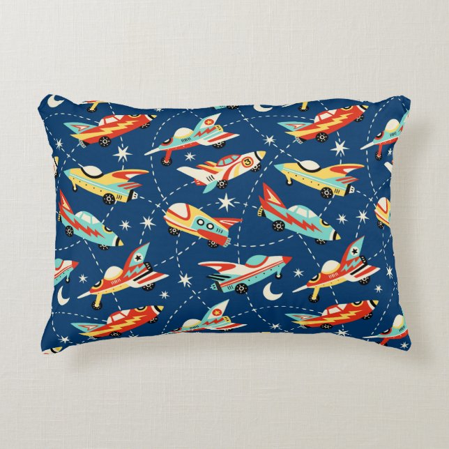 Retro Space Rocket Cars Blue Cute Kids Pattern Decorative Cushion (Front)