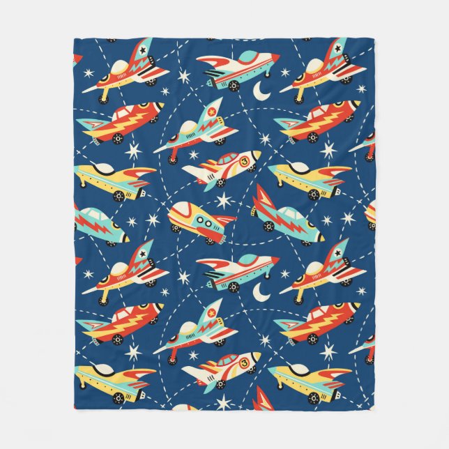 Retro Space Rocket Cars Blue Cute Kids Pattern Fleece Blanket (Front)