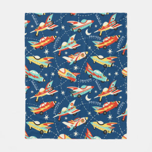 Retro Space Rocket Cars Blue Personalised Name Fleece Blanket