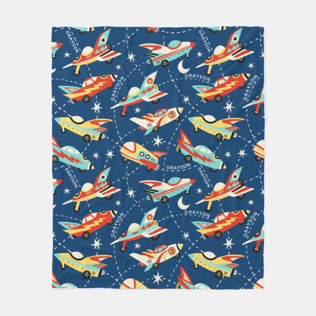 Retro Space Rocket Cars Blue Personalised Name Fleece Blanket (Front)