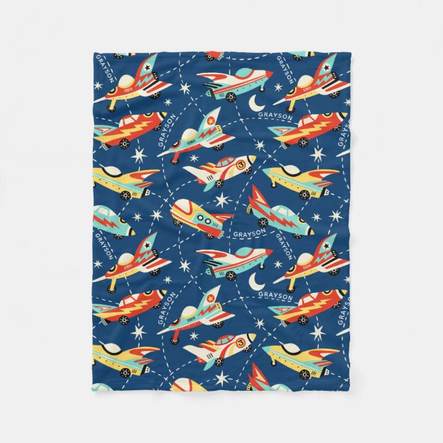 Retro Space Rocket Cars Blue Personalised Name Fleece Blanket (Front)