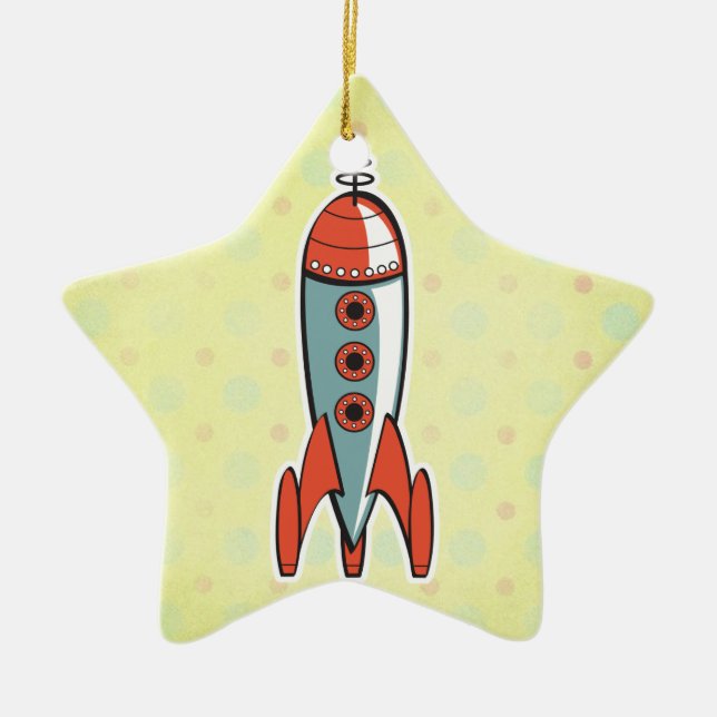 retro space rocket ceramic tree decoration (Front)