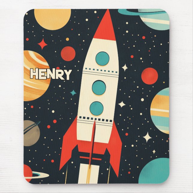 Retro Space Rocket Illustration Mouse Mat (Front)