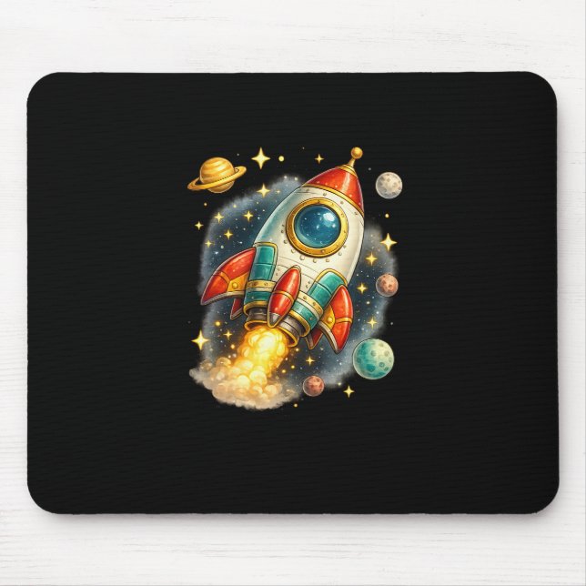 ​Retro Space Rocket Launch Black Mouse Pad (Front)