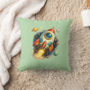 Retro Space Rocket Launch Sage Green Throw Pillow