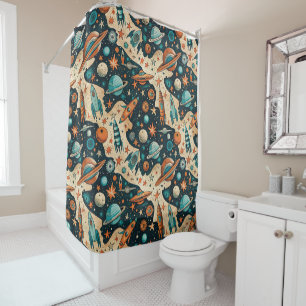 Retro Space Rocket Planets Orange Teal Nursery Shower Curtain