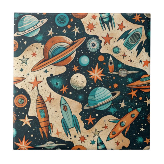 Retro Space Rocket Planets Orange Teal Nursery Tile (Front)