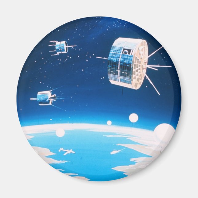 Retro space rocket satellite vintage illustration magnet (Front)
