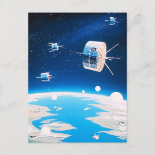 Retro space rocket satellite vintage illustration postcard