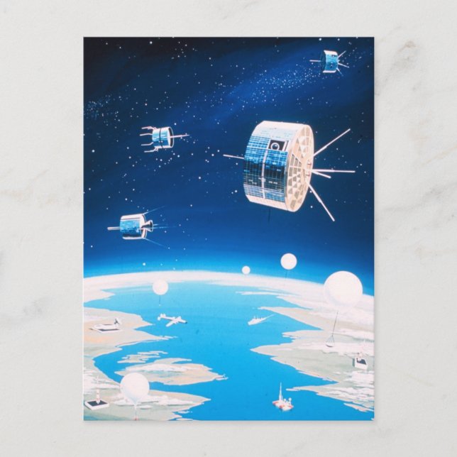 Retro space rocket satellite vintage illustration postcard (Front)