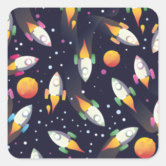 Retro Space Rockets Pattern Square Sticker
