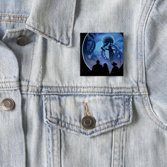 Retro Space Travel Poster- Jupiter's Moon Europa. 15 Cm Square Badge (In Situ)